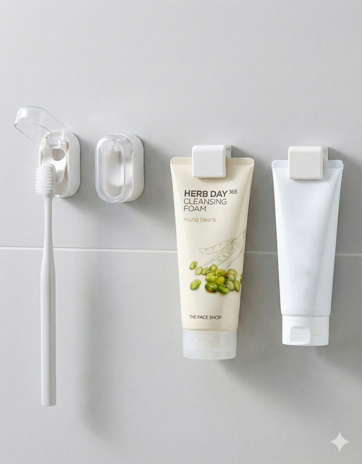 라루마망 심플 욕실 수납 세트 접착식(무타공) 칫솔걸이 2p + 치약걸이 튜브홀더2p, 1세트