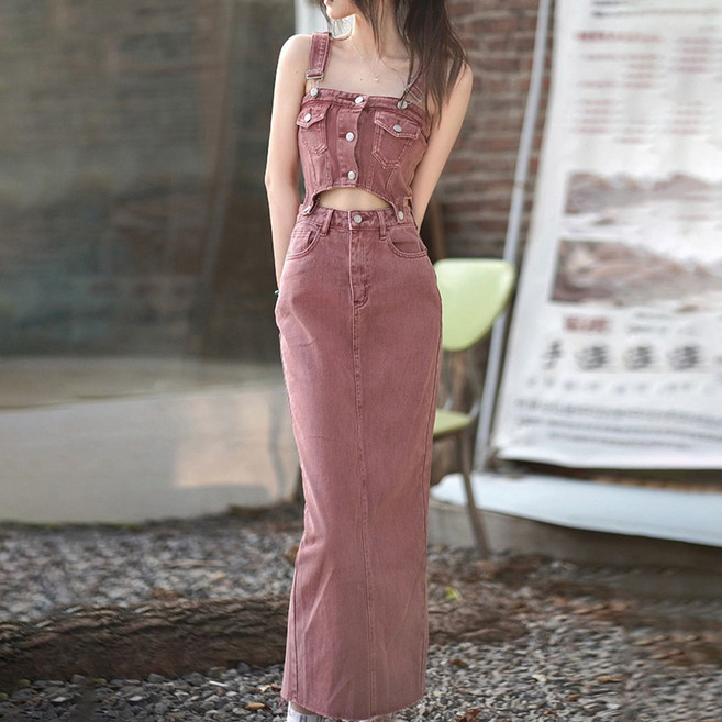 ORZQU 여성 여름 빅사이즈 데님 세트 멜빵 나시 트임 롱스커트 투피스