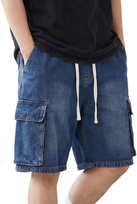 루크 남성 카고 밴딩 버뮤다 데님 팬츠 힙한 스트리트 스타일 코디 데일리 편안한 워싱 스트링 반바지 빅사이즈 빅포켓 하의