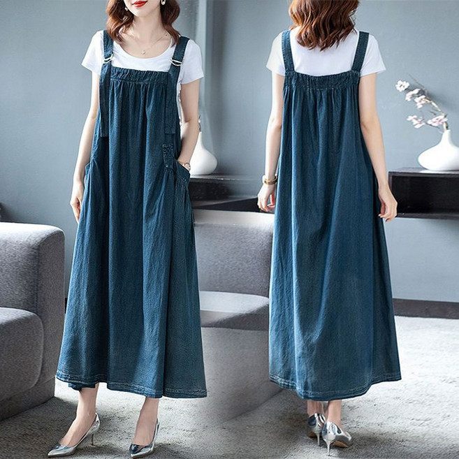 봄 여름 멜빵 원피스 데일리 캐주얼 데님 청원피스 간절기 심플한 민소매 롱치마 루즈핏