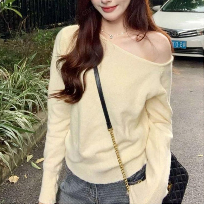 cammello 여리핏 언발란스 오프숄더 루즈핏 긴팔 니트 티셔츠 봄가을 데이트룩