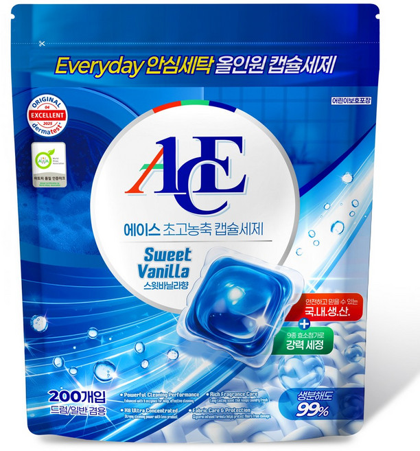 캡슐세제 에이스 코튼바닐라 세탁세제 대용량 일반용 드럼용, 1개, 200개입