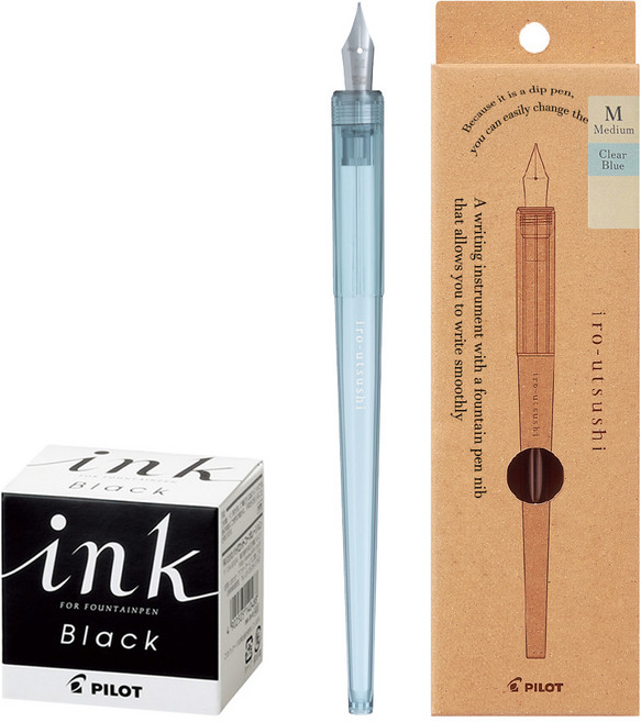 PILOT 이로우츠시 레진바디 투명 M촉 (딥펜1+병잉크1), 흑1 (잉크 30ml), 클리어블루 (투명 딥펜), M