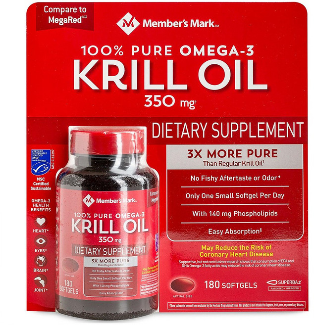 멤버스마크 퓨어 크릴 오일 180정 350mg Member's Mark 100% Pure Omega-3 Krill Oil 350 mg (180 ct.), 1세트, 1set