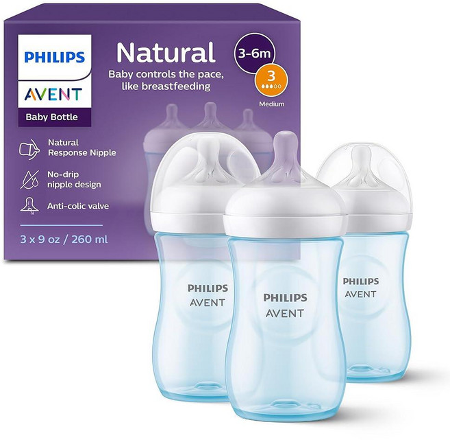 필립스 AVENT 내추럴 아기 젖병 내추럴 리스폰스 젖꼭지 블루 266ml(9온스) 3팩 SCY903/23, 필립스 AVENT 내추럴 아기 젖병, 내추럴 리스폰스