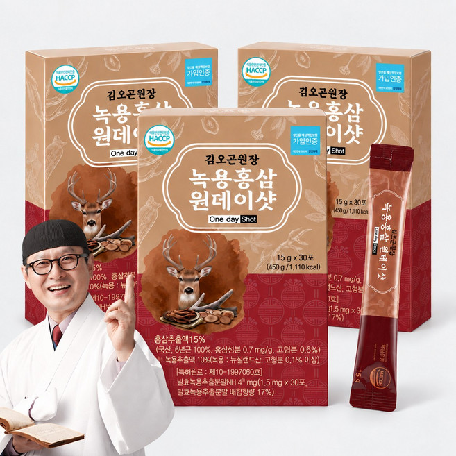 김오곤 원장 녹용 홍삼 원데이샷 홍삼스틱 15g x 30포 스틱형 3개월 7개월, 3박스, 450g