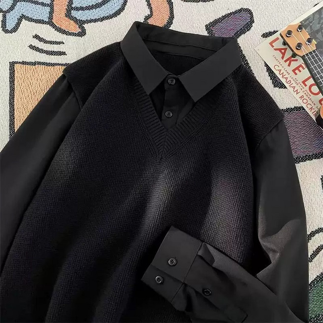 롱슬리브 셔츠 남성용 봄 가을 트렌디 니트 스웨터 디자인 느슨한 핏 감성룩 긴팔 셔츠 스타일 아이템 페이크 투피스 폴로넥 출근룩