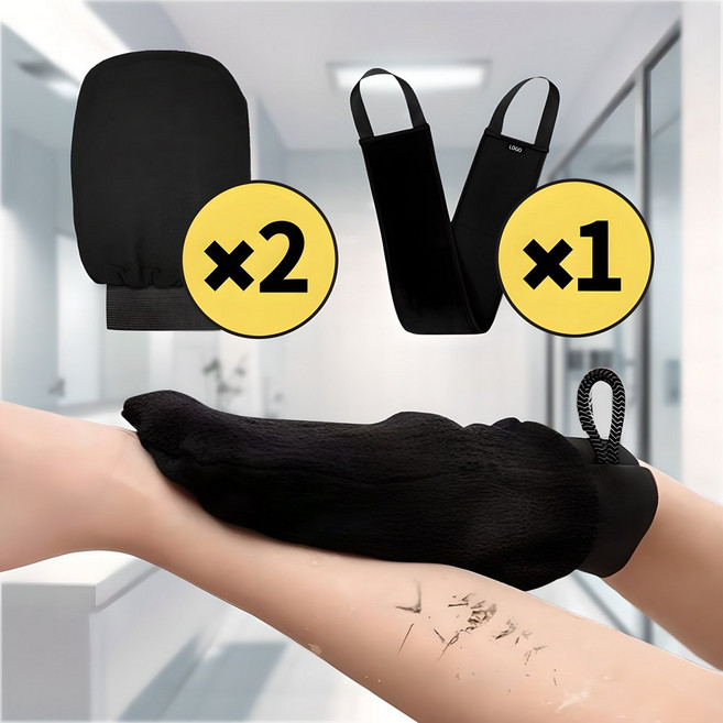 때르미르장 살살밀어도 때가 잘 나오는 프리미엄 때장갑 등때밀이, 블랙, 1세트, 3개입