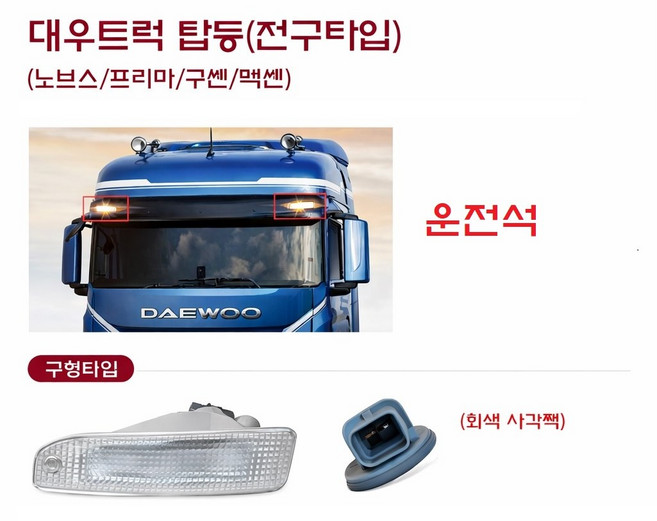 대성부품 타타대우 노브스 프리마 탑등 썬바이저 마커 전면 차폭등 5톤 25톤 화물차 대형트럭 추레라 덤프 트레일러 레미콘 카고 윙바디 탑차 구쎈 멕쎈 썬바이저램프 폭등 24V, 프리마 탑등 운전석(구형), ,, ,