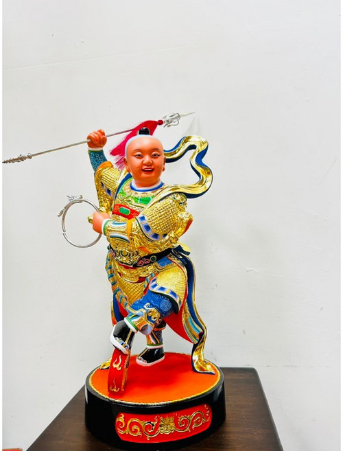 華誠 一尺三 中壇元帥 三太子 精細雕刻 手打胚 金身 神像 純銀槍環, 單金身