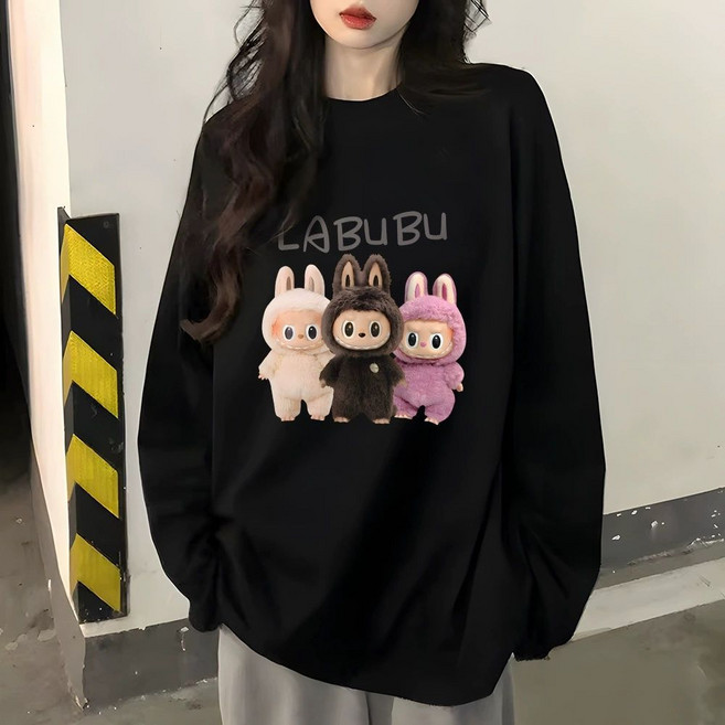 다나에 캐릭터 라부부 순면 프린트 얇은 루즈핏 긴팔 티셔츠 +준펑이커머스 머리끈