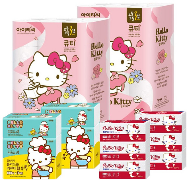 헬로키티 큐티세트 화장지 3겹 60롤+팝업티슈 6개+키친타올 6개 꾸꾸, 1개