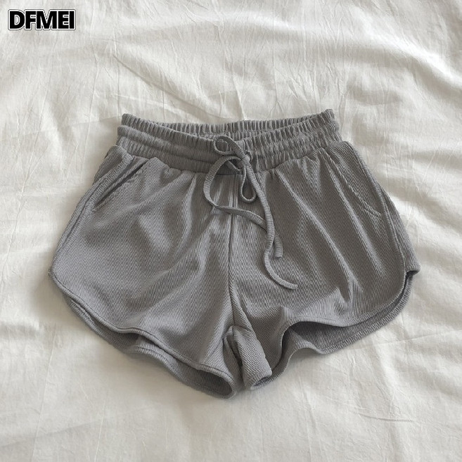 DFMEI 冰絲螺紋短褲女夏季韓版寬鬆緊腰闊腿褲彈性運動褲顯瘦熱褲子女裝