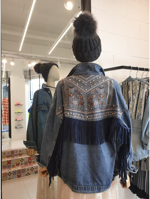 반다리 [오늘출발] 에스닉 골드자수 진청 오버핏 수술 청재킷