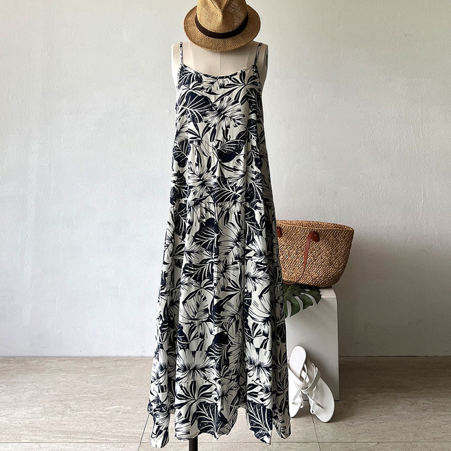 네모엔룩 뷔스티에 여성용 패턴 나염 휴가룩 비치웨어 끈조절 레이어드룩 민소매 나시 롱 원피스