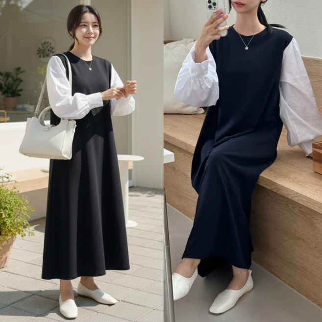 핏몬 여성 빅사이즈 루즈핏 퍼프 블라우스 롱 원피스