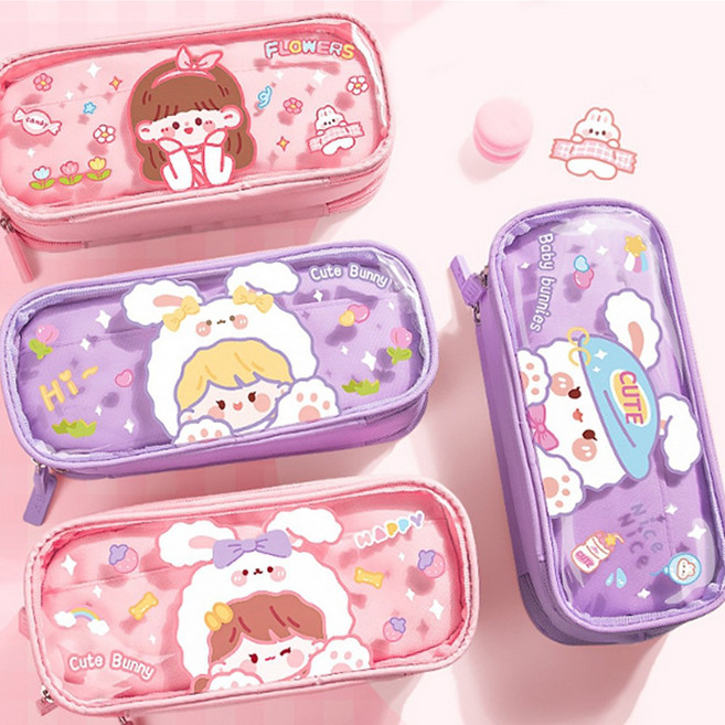 fooi 귀여운 소녀감성 3단레이어 젤리필통 투명 대용량 펜파우치, 02. 큐트토끼, 1개