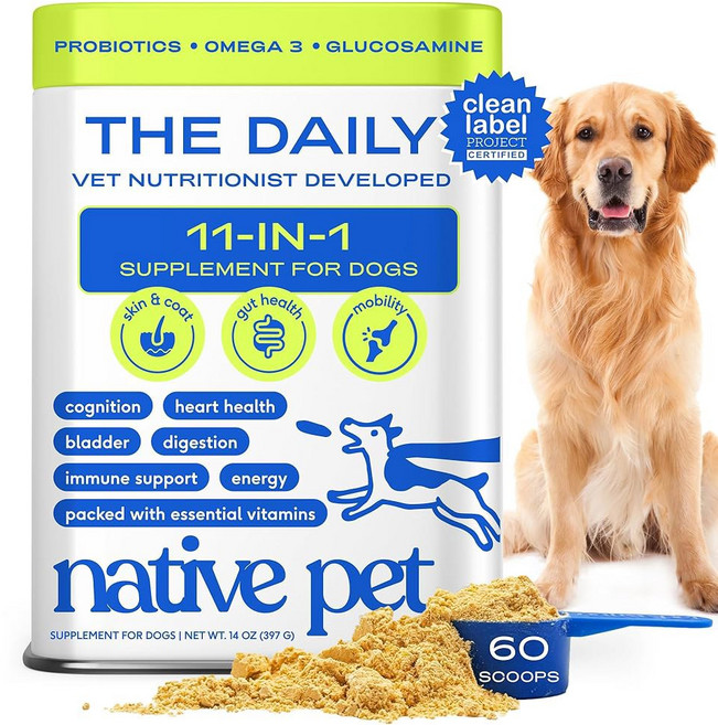 천연 반려견 비타민 및 보충제 - 반려견 사료 토핑용 11-in-1 멀티비타민 파우더 - 콜라겐 글루코사민 프로바이오틱스 오메가 등 - 건강한 장 이동성 및 전반적인 건강을, 60 Scoops, 1개