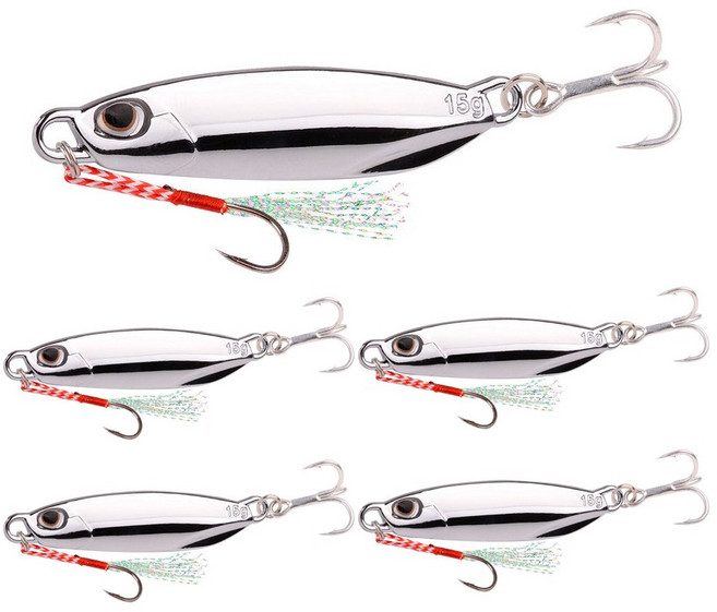행운을파는낚시 케이 크롬메탈지그 5개세트 쇼어지깅 참치 농어 우럭 갈치 볼락 고등어, 5개, 30g, 실버
