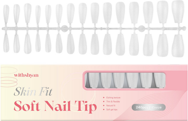 위드샨 스킨핏 프리미엄 네일 연장팁 240p/15size 말랑 에칭 풀팁, 1개, 02 미디엄 코핀