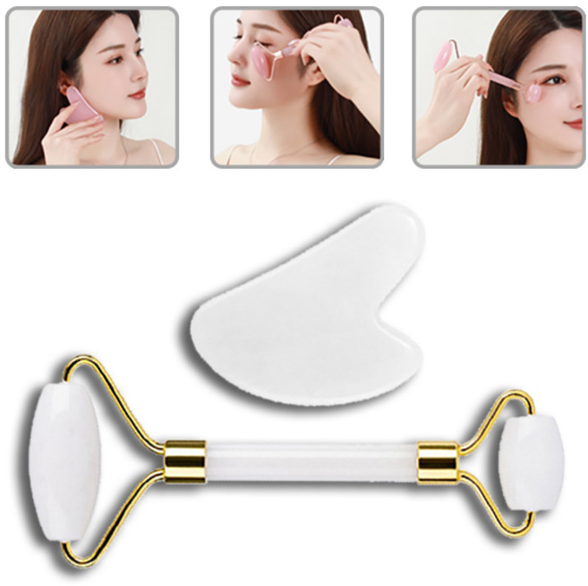 올라이이프지 얼굴 페이스 괄사 롤러 리프팅 마사지 도구 세트, 오프 화이트, 1세트