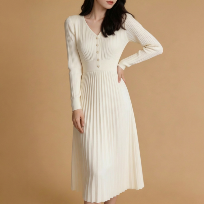 코코러비 여성 봄 V넥 니트 A라인 원피스 롱 체형커버 간절기 슬림핏