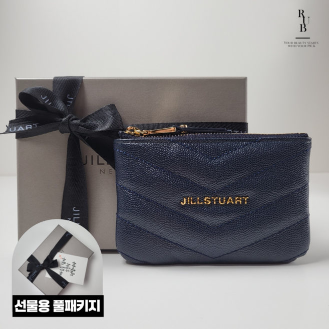 질스튜어트 여성 네이비 퀼팅 소가죽 지퍼형 카드지갑 겸 파우치 동전지갑 선물용 풀패키지