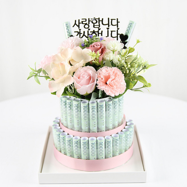 LED 비누꽃 2단 용돈케이크 어버이날 부모님선물 용돈박스 꽃 기념일 칠순 생신 생일선물, 1개, 핑크