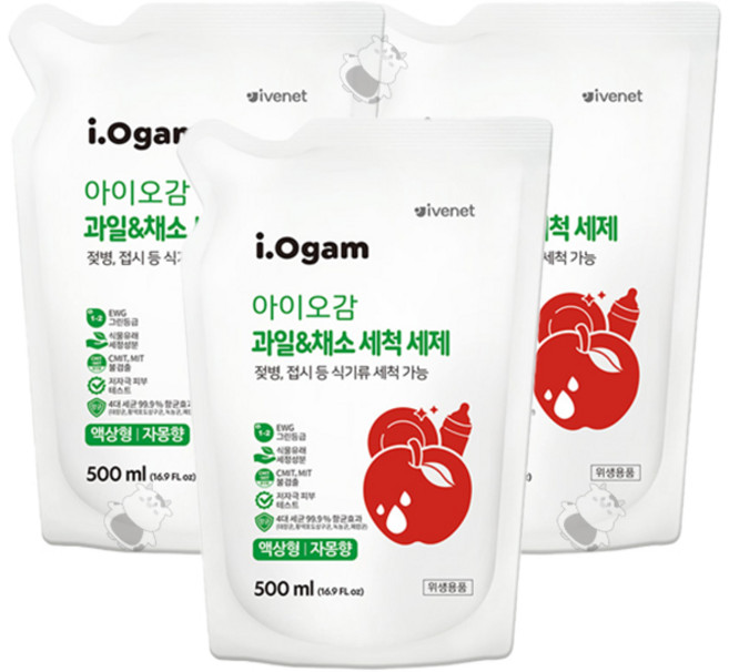 아이오감 과일&채소 세척 세제 액상형 리필, 500ml, 3개