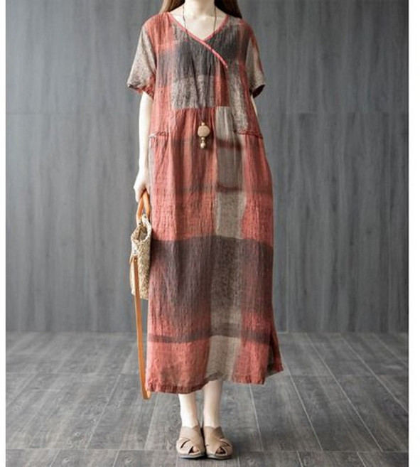 여성 면 마 원피스 봄 여름 빅사이즈 루즈핏 체크 치마 여자 빈티지 슬림핏 브이넥 린넨 반팔 원피스 WMY