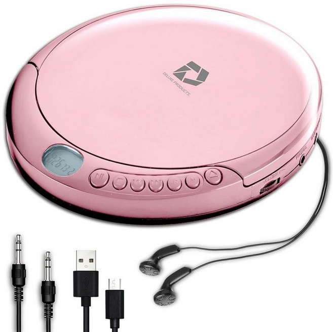 Deluxe Products CD 플레이어 휴대용 60초 건너뛰기 방지 스테레오 이어버드 가정 또는 자동차에서 사용할 수 있는 Aux 케이블 및 AC USB 전원 케이블 포, 핑크CD, 1개