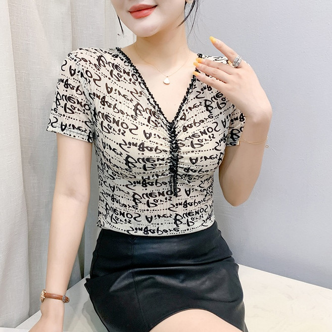 댄스복 상의 여성용 브이넥 비즈 망사 반팔 데일리 티셔츠+ Women's T-shirt