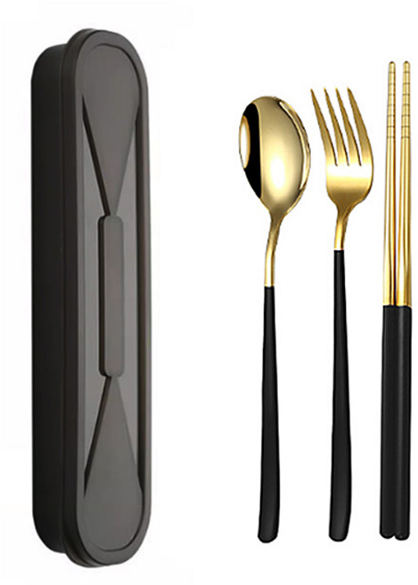 투데이리빙 3종 티타늄 수저 세트 숟가락 젓가락 포크 수저통 스텐 커트러리 디저트 스푼 나이프 도시락 케이스, 1세트, 숟가락+젓가락+포크+수저통, CJS005B(A골드블랙