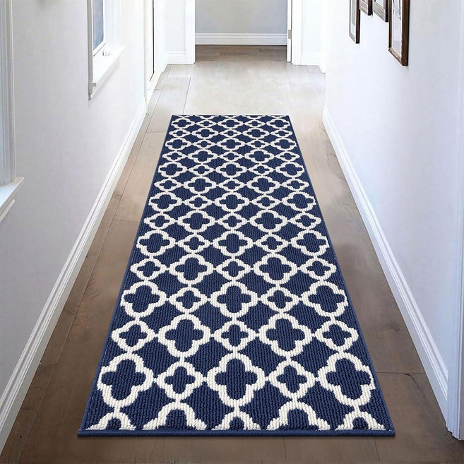 U'Artlines Washable Hallway Runner Rug 2x6' Non-Slip Basketweave Geometric Kitchen Runner Low Pr, 블루