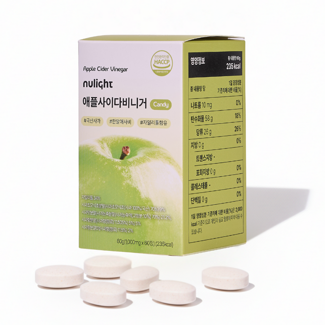 애사비 캔디 다이어트 식욕억제 혈당 관리 애플사이다비니거 식약처 인증 누라이트, 1박스, 60정