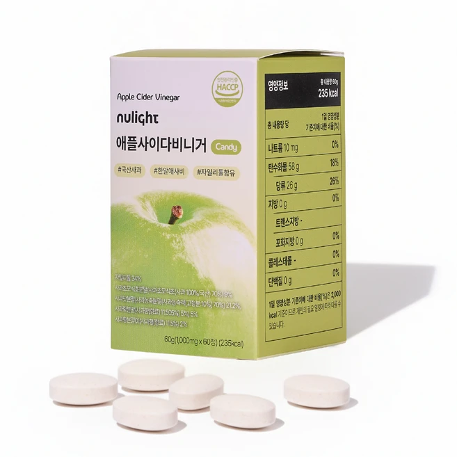 애사비 캔디 다이어트 식욕억제 혈당 관리 애플사이다비니거 식약처 인증 누라이트, 1박스, 60정 - 쿠팡