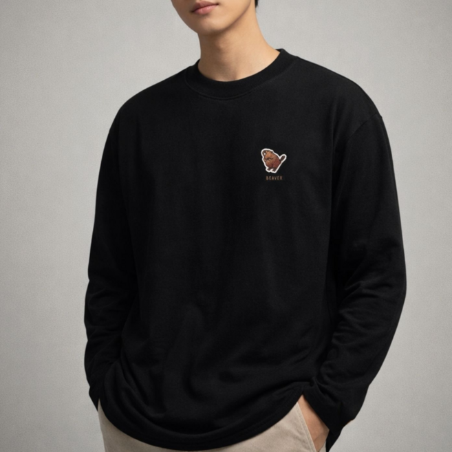 내셔널지오그래픽 남녀공용 동물 와펜 세미 오버핏 긴팔 커플룩 맨투맨 검정색 기본 면 티셔츠