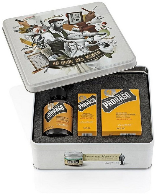 Proraso Wood and Spice 컴플리트 수염 케어 키트 - 따뜻한 우디 향이 나는 수염 워시 오일 밤 - 수집용 틴 박스에 담긴 남성용 프리미엄 이탈리아 선물 세, 1개