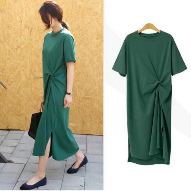 루즈핏 라운드넥 베이직 허리 포인트 캐주얼 반팔 롱 원피스