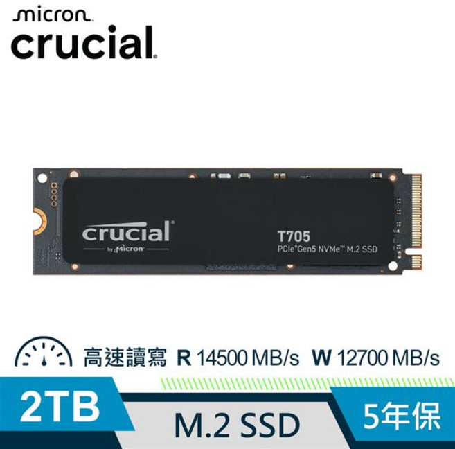 Crucial T705 2TB Gen5 M.2 SSD 讀 14500 MB/s 寫 12700 MB/s 5年保, 1GB