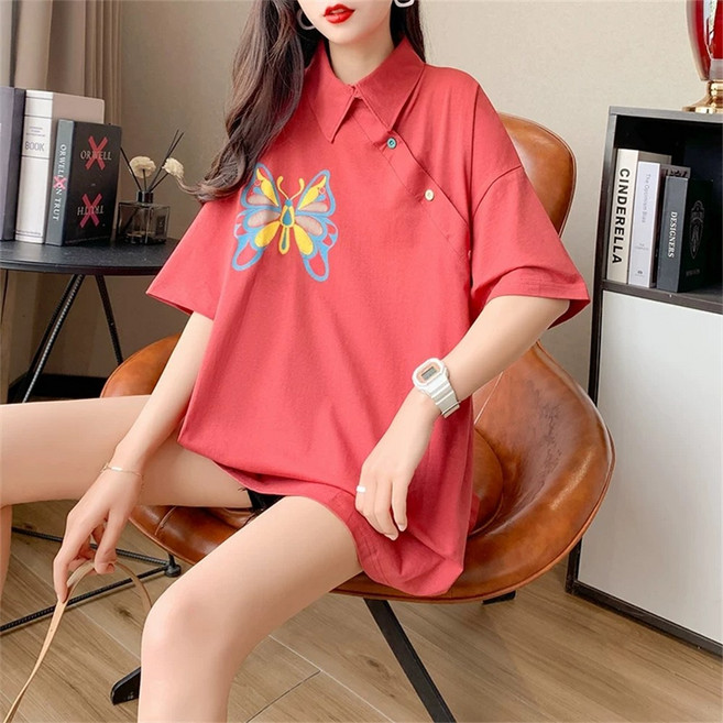 Vezri 자수 포인트 폴로티 여성용 빅사이즈 반팔 오버핏 셔츠