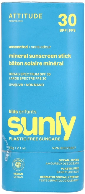 ATTITUDE Sunly 미네랄 자외선 차단제 스틱 어린이용 SPF 30 무향 60g(2.1oz) ATTITUDE (애티튜드), 1개, 60g - 쿠팡