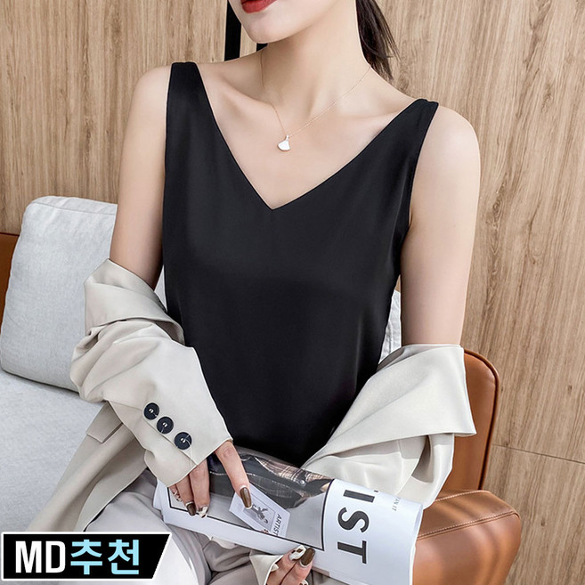 와우MD 여름 실키 브이넥 백 스트랩 민소매 이너 나시 블라우스