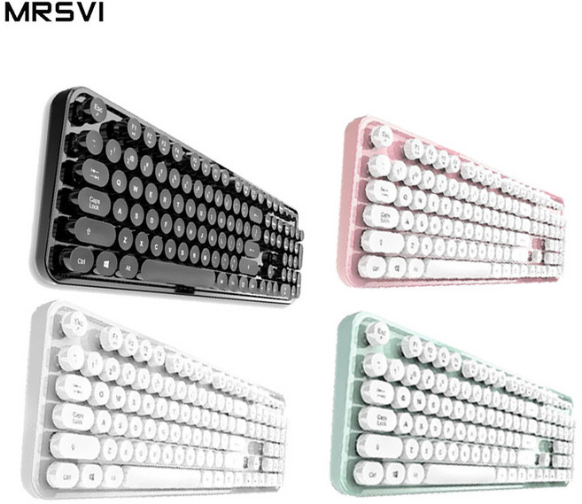 復古圓形鍵帽無線鍵盤滑鼠套裝 迷你靜音, 黑色, 3006黑, 1