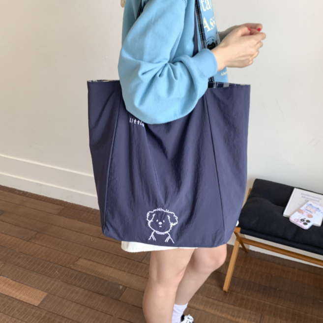 샤론애 양면 자수 체크 2WAY 리버서블 넉넉한 수납 데일리 가방 숄더백 에코백 3종