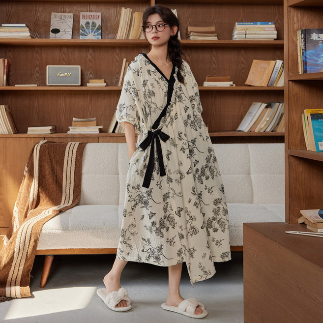 리얼 빅사이즈 유카타 홈웨어 블랙 나비 여자 파자마 여성 캡내장 노브라 원피스 잠옷