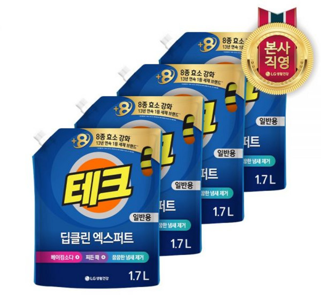 테크 딥클린 엑스퍼트 실내건조 액체세제 일반 리필 1.7L 4개