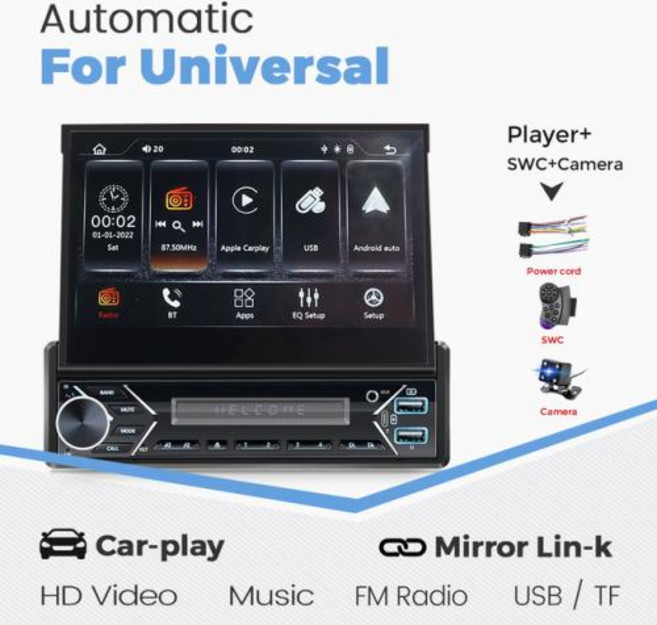 1Din 무선 자동차 재생 멀티미디어 비디오 플레이어 HD 개폐식 스크린 미러 링크 라디오 스테레오 안드로이드 7 인치 MP5 FM USB AUX, 4) ZD1 Player -CAM SWC