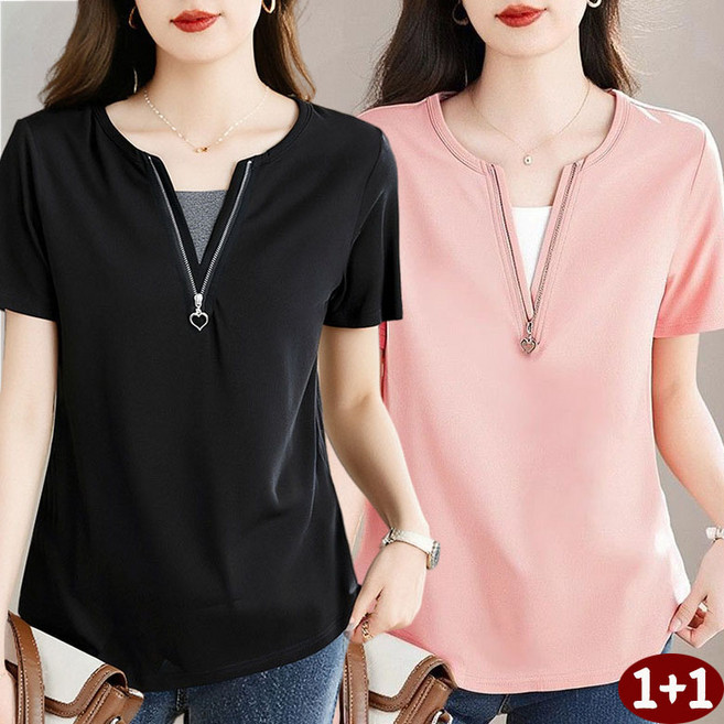 1+1브이넥 순면 반팔티 솔리드 편안한 빅사이즈 날씬해 보이는 페이크 루즈핏 캐주얼 상의
