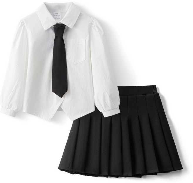 루비키즈 여아 유아 봄 가을 스쿨룩 흰셔츠 블랙 스커트 상하 넥타이 3종 세트복 E126
